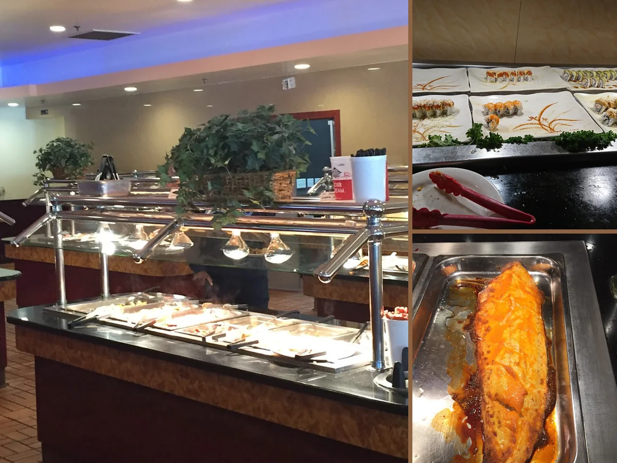 Buffet trays lined with Chinese dishes.