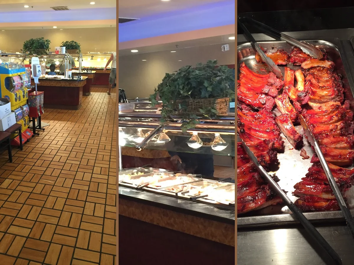Salad bar and hot buffet stations.