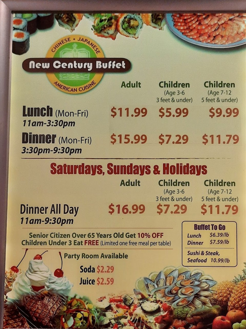 Menu page for Chinese buffet selections.